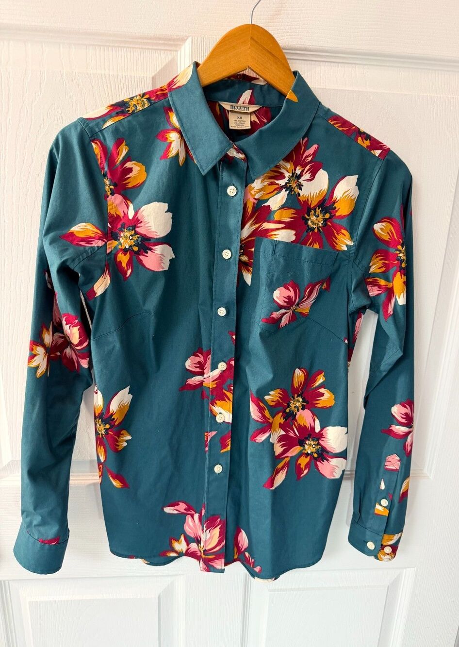 Duluth Trading Floral Button Up Long Sleeve Shirt Teal XS